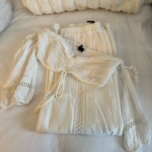 MAJORELLE Cream Smocked Tie Front Blouse and Pants Set